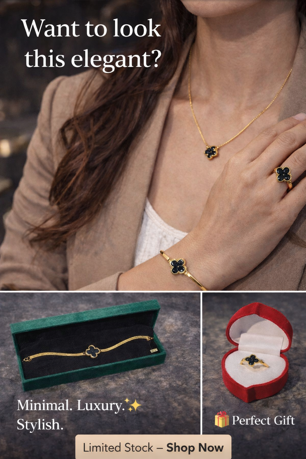 Luxury Gold Clover Nackless & Ring Set